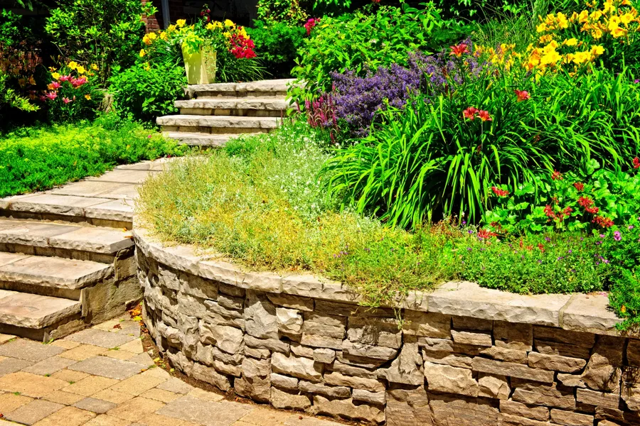 Block retaining wall with terraced landscaping